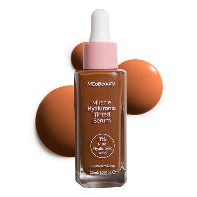 MCoBeauty Miracle Hyaluronic Tinted Serum 8-10 Warm Deep - Hydrating Skin Tint Foundation with Hyaluronic Acid Ginseng - Buildable Sheer to Medium Coverage Dewy Finish - Vegan Cruelty Free Makeup