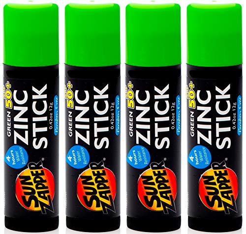 Sun Zapper Zinc Stick Mineral Sunscreen Green SPF 50+ Water Resistant for Face & Body, Adults, Kids, 4-Pack Broad Spectrum Sun Block, Made in Australia