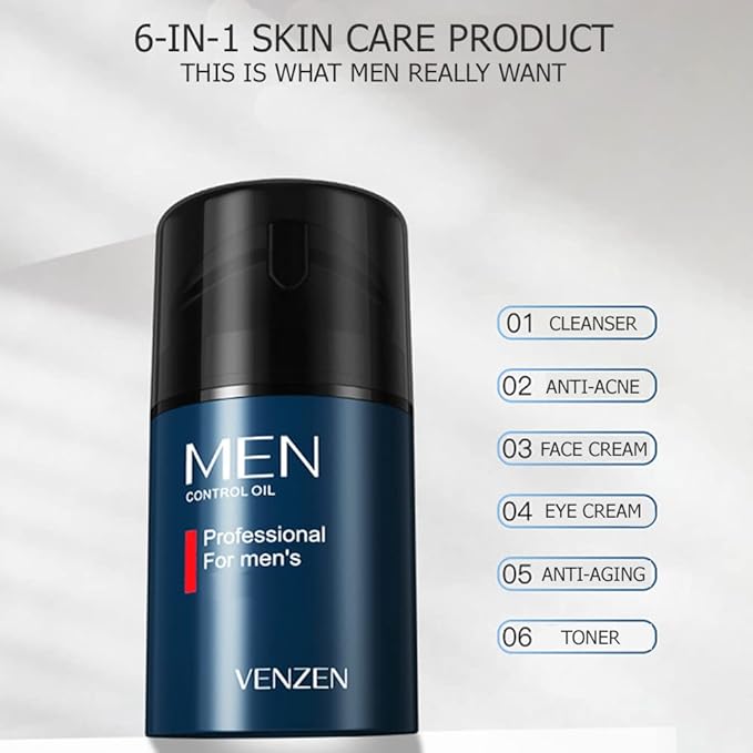 VENZEN Men Control Oil Facial Cleanser Cream Moisturizing Dry Skin Purify Smooth Toner Anti-Acne Anti-Aging 50g/1.76oz