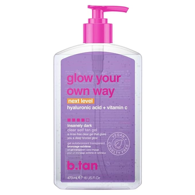 b.tan Insanely Dark Clear Self Tan Gel | Glow Your Own Way Next Level - Best, Transfer-Resistant Sunless Tanning Lotion, Ultra Quick Bronze, No Fake Tanner Smell, 16 Fl Oz