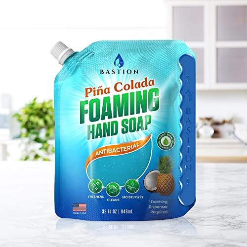 Bastion Foaming Hand Soap Refills: (6) 32oz Pouch Pina Colada Scented Antibacterial Instant-Foam Bulk Hand Wash