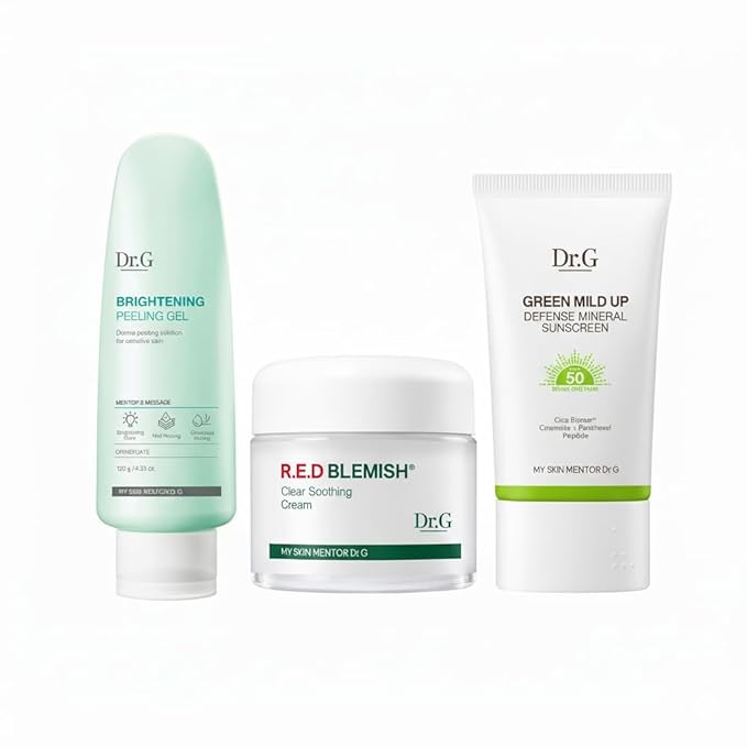 Dr. G Red Blemish Clear Soothing Korean Moisturizer Face Cream, Brightening Peeling Gel and Green Mild Up Defense Mineral Sunscreen 3-step Bundle - Cica, Korean Skin Care Moisturizer