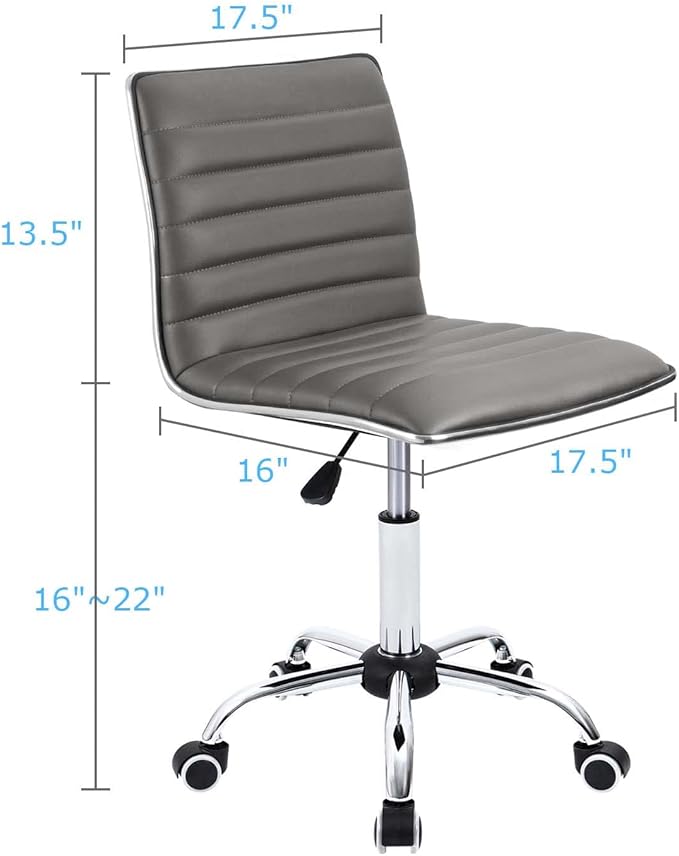 Furmax Vanity Office Desk Chair with Wheels, Armless Small Cute Leather Makeup Computer Task Chair Adjustable Height 360° Swivel (Grey)