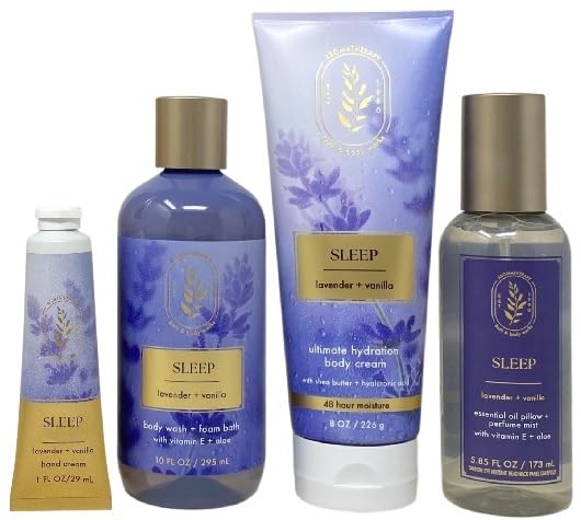 Bath & Body Works Aromatherapy Sleep Lavender + Vanilla Gift Set- Ultimate Hydration Body Cream, Essential Oil Mist, Body Wash & Foam Bath and Hand Cream - with a Natural Oats Sample Soap