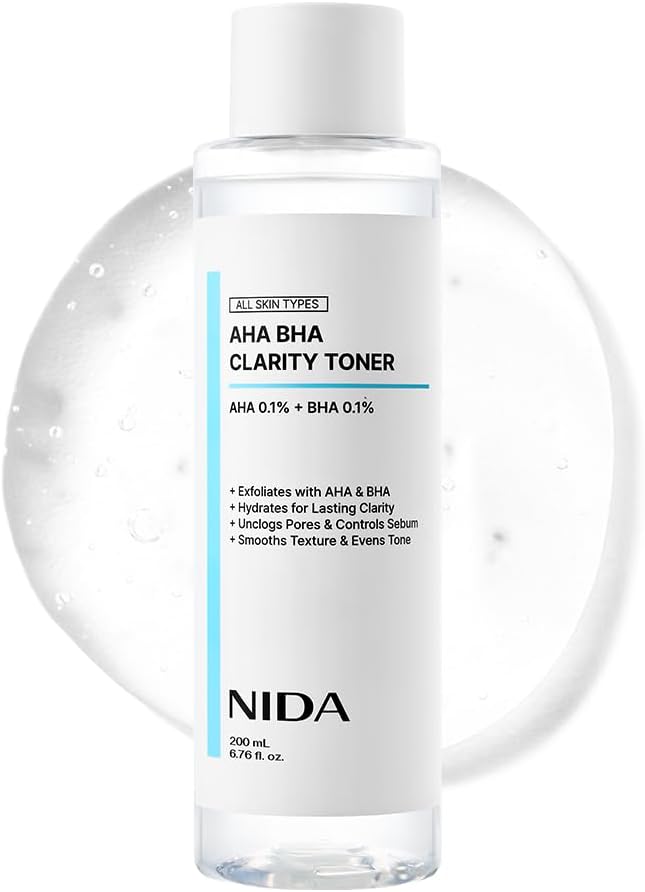 NIDA AHA BHA Clarity Toner | AHA 0.1%, BHA 0.1%, Niacinamide,Centella Asiatica | Exfoliate, Hydrate, Pore Control, Evens Tone | 6.76 fl. oz., 200ml