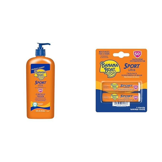Banana Boat Sport Ultra SPF 50 Sunscreen Lotion, 12oz | Oxybenzone Free Sunscreen & Sport Ultra SPF 50 Lip Sunscreen 2 Pack | SPF Lip Balm Pack, SPF 50