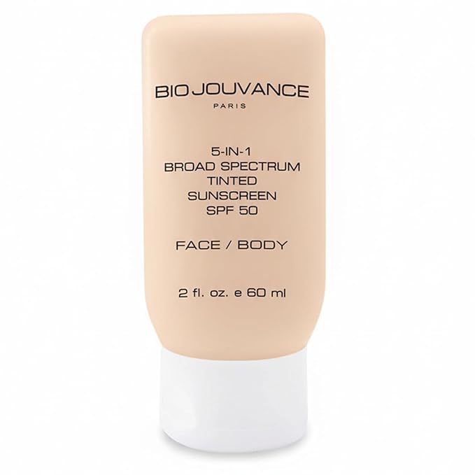Bio Jouvance - 5-in-1 Tinted Sunscreen SPF 50 Universal 2oz / 60ml - Broad Spectrum | Hydrating Sunburn Lotion | Mineral Zinc Oxide Sun Block | Professional Facial Skin Care Treatment | Made in France