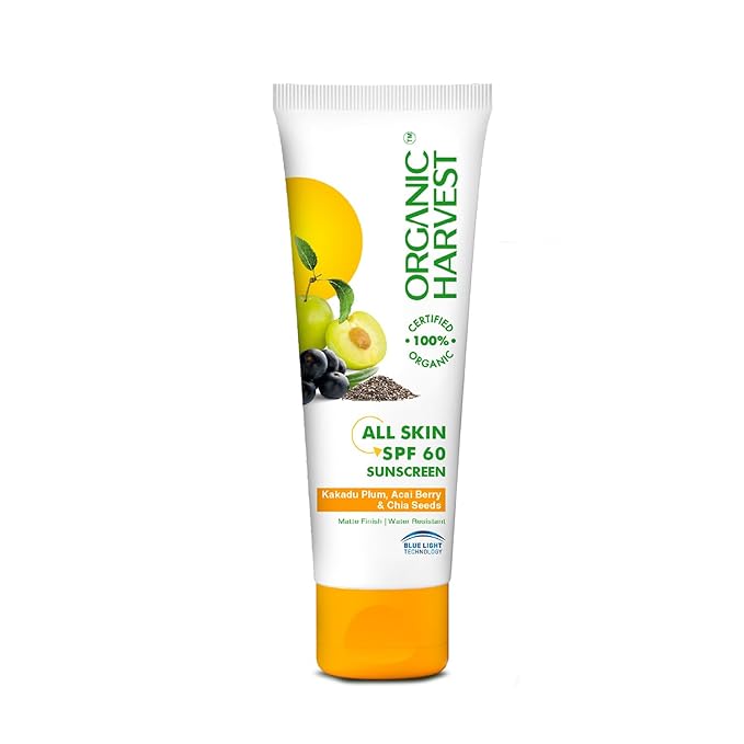 Organic Harvest Sunscreen SPF 60 For All Skin Type | For Women & Men with Blue Light Technology, Protects From Harmful UVA & UVB Rays | 100% American Certified Organic, Sulphate & Paraben Free - 100gm