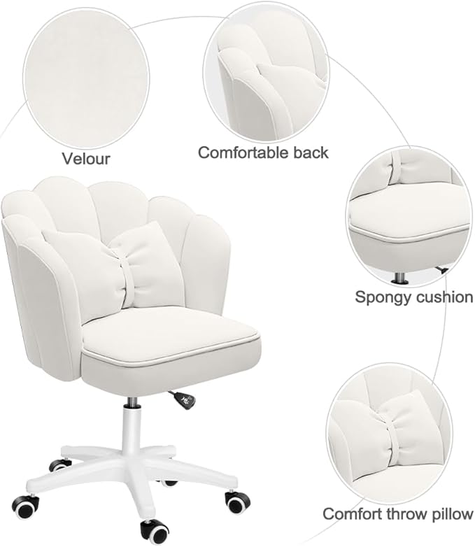 Petal Desk Chair with Bow Cushion Velvet Vanity Chair with Wheels, Upholstered Home Office Chair for Girls Women, Mid-Back Swivel Computer Task Chairs for Living Room Bedroom