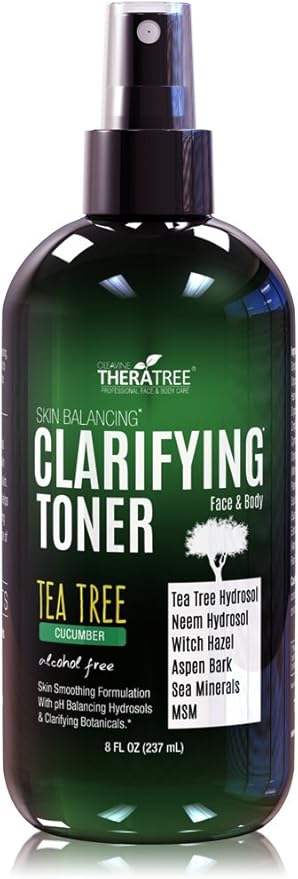 TheraTree Clarifying Toner Spray with Tea Tree Oil, Neem & Witch Hazel by Oleavine - 8oz - Alcohol Free Face & Body Toner - Helps with Oily Skin, Pore Size & Hydration