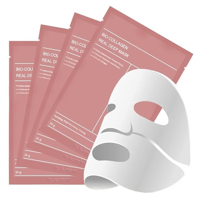 Bio-Collagen Real Deep Face Mask – Korean Hydrating Overnight Hydrogel Mask for Women | Firming, Pore Minimizing & Elasticity Boost | Deep Collagen Facial Sheet for Radiant Glass Skin, 4 Pack