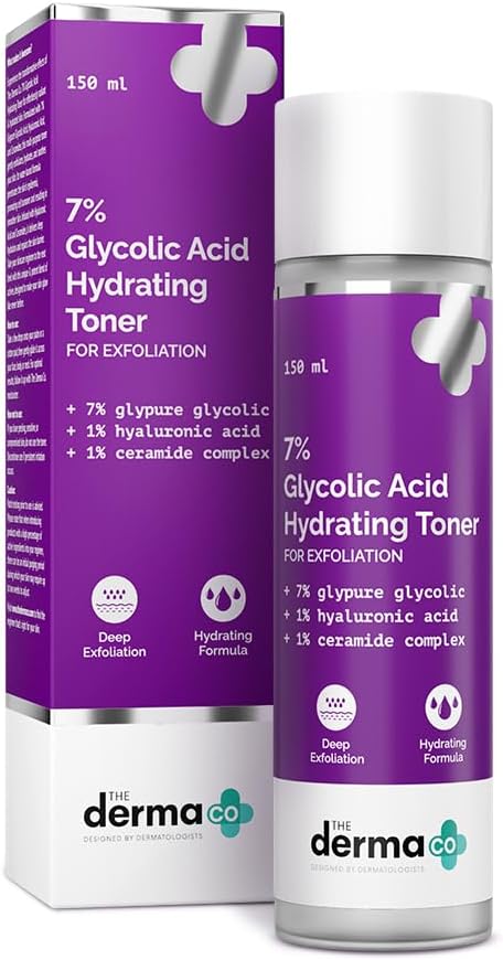 The Derma Co 7% Glycolic Acid Hydrating Toner Hyaluronic Acid & Ceramide Complex Skin Multi-Purpose Exfoliating Toner for Face,Body, Underarms & Scalp Lotion I 150Ml
