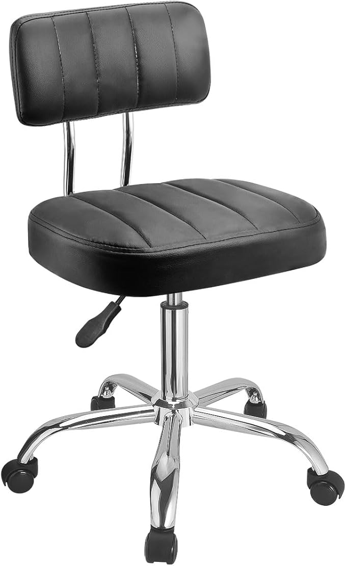 JOSTZHXIN Office Desk Chair with Wheels, Rolling Stool with Backrest Height Adjustable, Swivel Stool with Low Back Lumbar Support, Square PU Leather Swivel Chair with Back