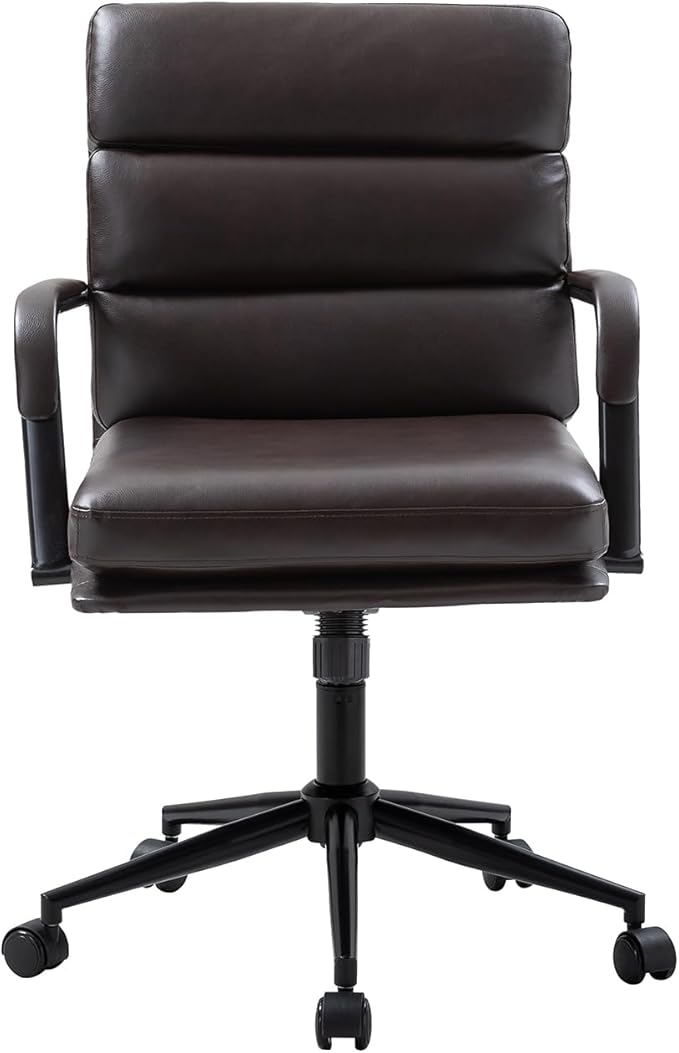 HULALA HOME Modern Faux Leather Home Office Chair with Tilt Lock & Metal Base, Desk Chair with Wheels & Padded Cushion, 360° Swivel Wide Seat Computer Task Chair, Brown