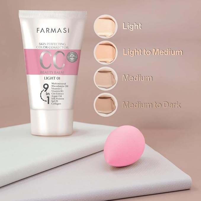 FARMASi CC Color Correcting Cream, Tinted Moisturizer Makeup Base with SPF 25, Lightweight Buildable Coverage, Natural Flawless Finish, All Skin Types, 1.7 fl oz, Light