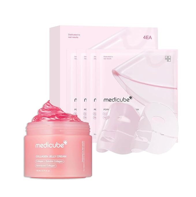 Medicube Pink Glass Glow Duo for Uneven skin: Collagen Jelly Cream 110ml and Salmon DNA PDRN pink collagen jelly gel mask (4ea)