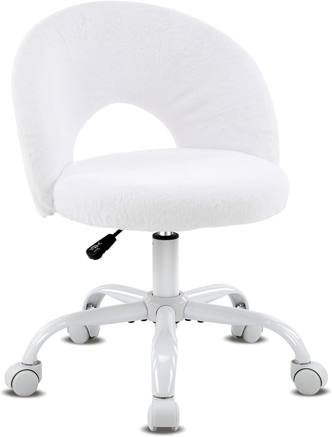 VINGLI Small Vanity Chair with Faux Fur Wheels for Girls,Cute Adjustable Height Armless Office Desk Chair,360°Swivel Comfy Rolling for Study,Make up Room,Small Space,White