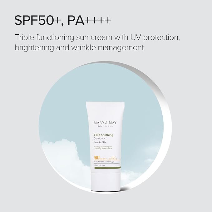 [Mary&May] CICA Soothing Sun Cream SPF50+ PA++++ 1.69 Fl Oz / 50ml | Light Absorption, Non-Sticky SPF, Hydration, No White Cast, Cica Facial, Daily care | Cruelty Free, Vegan