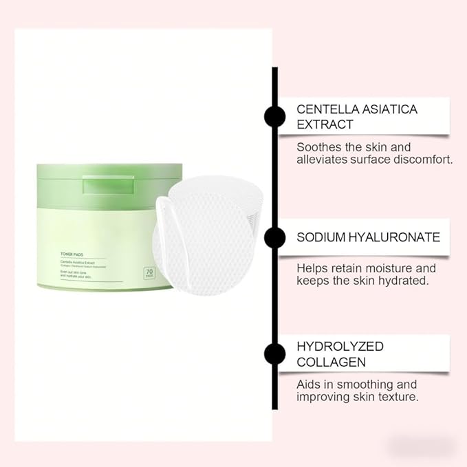 Centella Asiatica & Collagen Toner Pads - Hydrating Facial Pads for Daily Moisture, Soothing & Gentle Cleansing, 70 Count (3, 70 Pads)