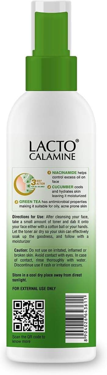 Lact'o Calamin'e Face Toner with Cucumber | 120ml | Deep Pore Cleansing | Open Pores Tightening with Green Tea & 2% Niacinamide for Cool & Hydrated Skin | No Sulphate, No Alcohol, No Parabens
