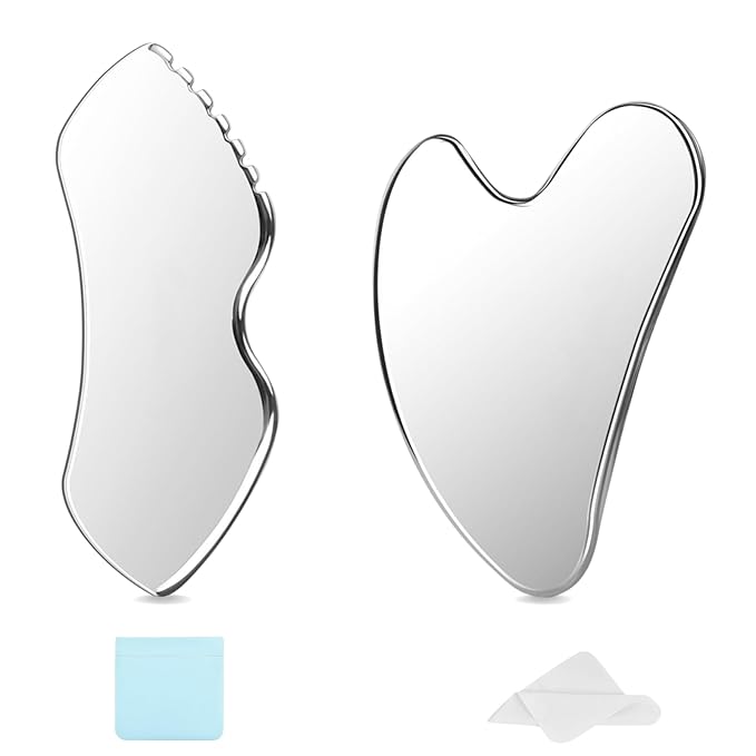 2Pcs Gua Sha Facial Tools Stainless Steel - Lift, Depuff & Glow | Spa-Grade, Travel-Ready, Metal GuaSha Tool for Face, Neck, Body Lymphatic Drainage Massager Natural Skin Care