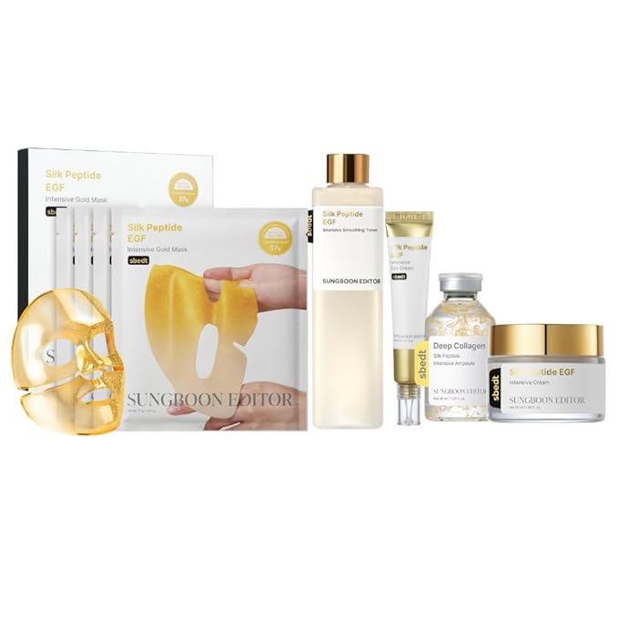 SUNGBOON EDITOR Ultimate Full Face firm-looking Silk Peptides EGF SetㅣDeep Collagen Silk Peptide Intensive Ampoule & Silk Peptides EGF Toner & Cream & Eye Cream & Intensive Gold Overnight MaskㅣKorean