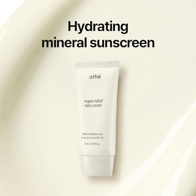 athé Vegan Relief Sun Cream SPF 50+ Broad Spectrum – Lightweight Hydrating Face Sunscreen, No White Cast, Includes Mini Tinted Lip Balm (04 Brave, 0.04 oz) | Vegan K-Beauty (1.69 fl oz)