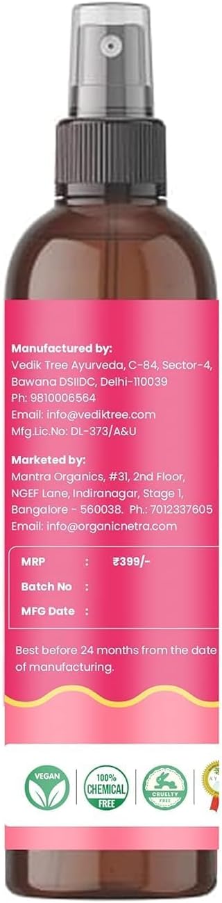 Organic Netra Rose Water with Vitamin C | Exfoliates The Skin and Controls Oil | Excellent for Clearing Away Makeup & Dirt from Pores| Mist Spray for All Skin Type | Paraben and Alcohol Free -200ml