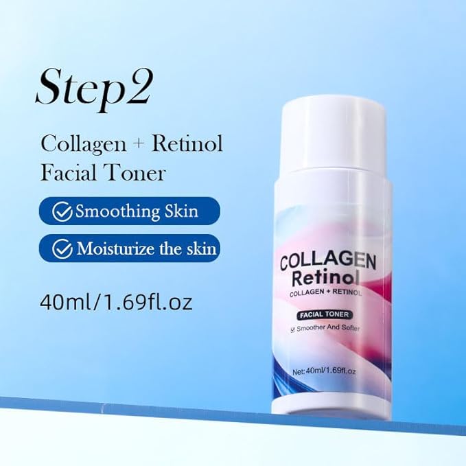 Collagen Retinol Travel Skincare Set, Hydrating Facial Starter Kit with Cleanser Toner Serum Face Moisturizer, Anti Aging Skin Care Routine Gift Set for Women Girls
