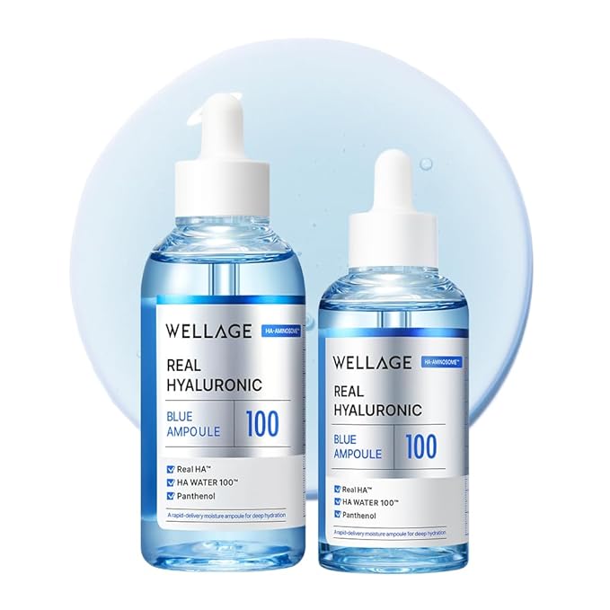 WELLAGE Real Hyaluronic Blue Ampoule 100, Korean Hydrating Serum for Face, Skin Firming Hyaluronic Acid Serum with Panthenol for Sensitive Skin, (3.38Fl.oz + 2.53Fl.oz)