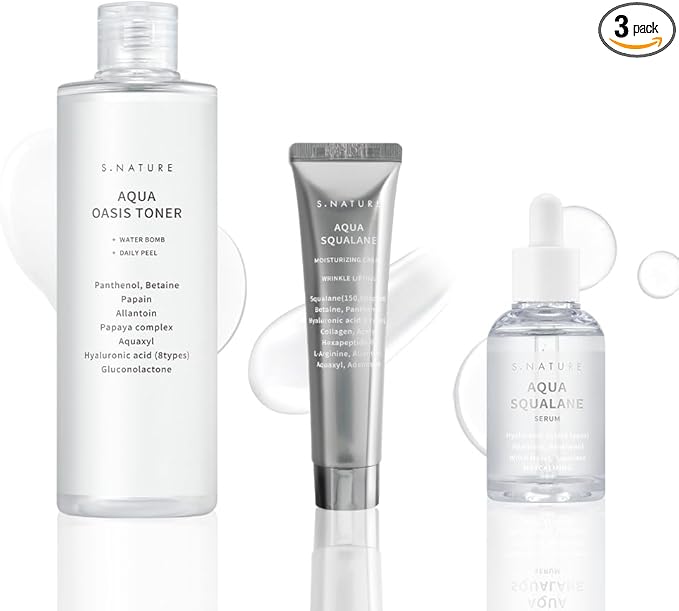 S.nature Hydrating Set, 3 Steps to Refined Pores, Lasting Hydration, Aqua Oasis Toner 300ml, Squalane Serum 50ml, Squalane Cream 60ml