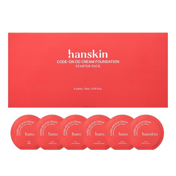 Hanskin DD Cream Foundation Sachet Book – Full Coverage Korean BB Cream & Liquid Skin Tint Foundation, Semi-Matte Finish, Lightweight Pore-Perfecting Base, 0.05 Fl Oz * 6 colors (STARTER PACK)