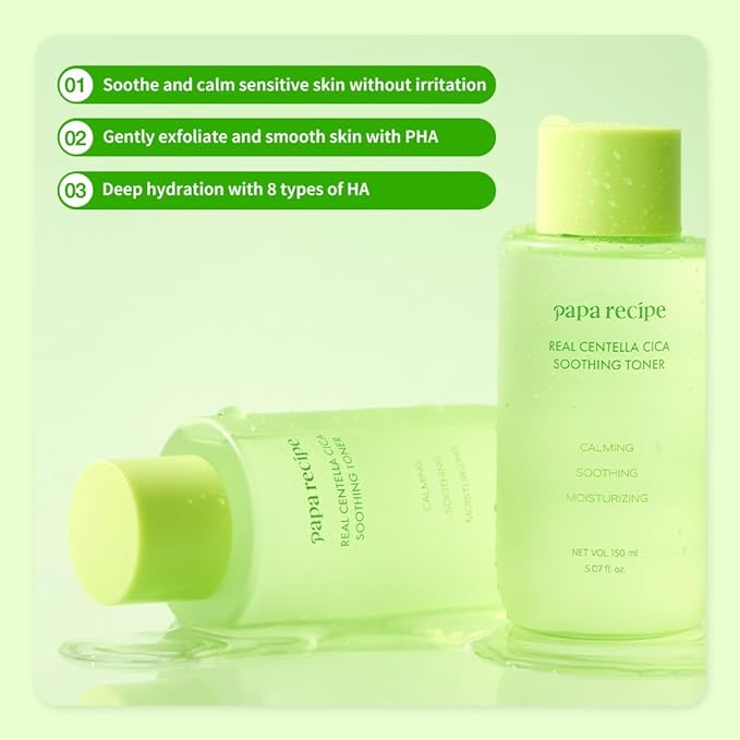 Papa Recipe Real Centella CICA Soothing Toner (150ml / 5.07fl oz) - Centella Soothing Care, Gentle PHA Exfoliation, Daily Mild Toner, Gentle PHA Exfoliation, Korean Skincare