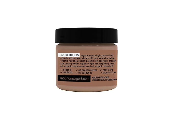 Malina™ Organic Chocolate Tinted Natural Sunscreen | SPF 30+ | Nontoxic | Reef-Safe | No Preservatives | No Synthetic Fragrance | 3 Shades | With Non-Nano Zinc-Oxide (0.5 Fl Oz, Medium)