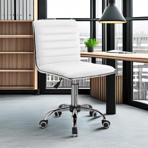 Furmax Vanity Office Desk Chair with Wheels, Armless Small Cute Leather Makeup Computer Task Chair Adjustable Height 360° Swivel (White)