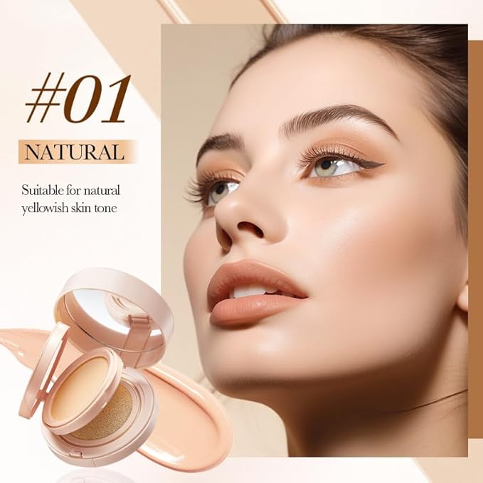 2 In 1 Cushion Foundation Makeup Double Layer Air Cushion BB Cream & Oil-Control Setting Powder, Concealer Full Coverage, Long-Lasting and Even For All Skin Types (Natural)