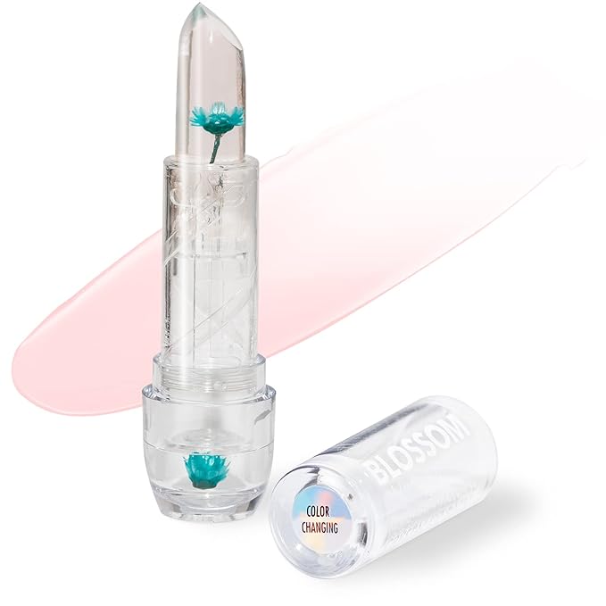 Blossom Lip Gloss Moisturizing pH Lip Balm, Strawberry Scented Color Changing Crystal Lip Stain Tint, Infused with Real Flowers, 3g, Turquoise