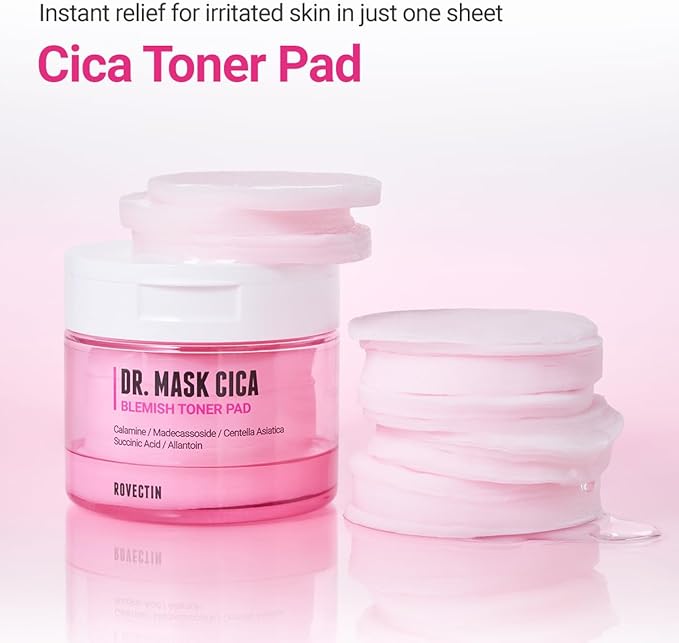 ROVECTIN Dr. Mask CICA Blemish Toner Pad | Redness & Acne Soothing Pads with Pink CICA Complex + Centella Exosomes | Succinic Acid Calming | pH-Balanced Hydrating Pads for Sensitive Skin
