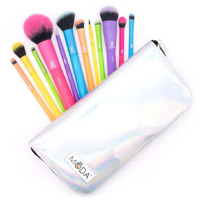Moda Totally Electric 13pc Full Face Makeup Brush Set – Bold, Colorful, Vegan Brushes for Face & Eye Makeup, Blending, Contouring, and More