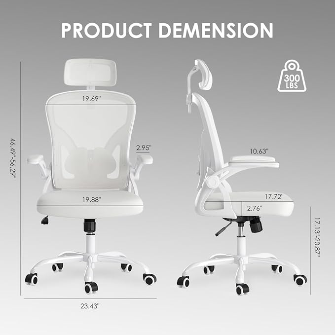 Farini Ergonomic Office Chair, Home Office Desk Chair with Headrest, High Back Swivel Computer Chair with Armrests and Adjustable Lumbar Support for Home Office Study Room, White & White
