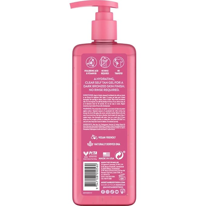 MineTan Clear Self Tanning Gel | Dark Invisible Tan Gelly - Best Transfer Free Sunless Tanner, Hydrating, Quick Apply, Hyaluronic Acid, Gives a Dark Bronze Skin Finish, Face & Body, 8 Fl Oz