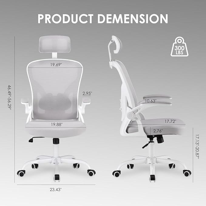 Farini Ergonomic Office Chair, Home Office Desk Chair with Headrest, High Back Swivel Computer Chair with Armrests and Adjustable Lumbar Support for Home Office Study Room, White & Gray