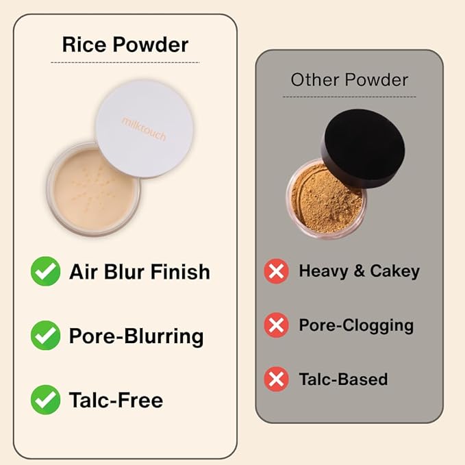 MILKTOUCH Air Blur Rice Setting Powder, Loose & Pressed Face Powder Foundation, Lightweight Vegan, Longwear 24H Blur Waterproof - Translucent