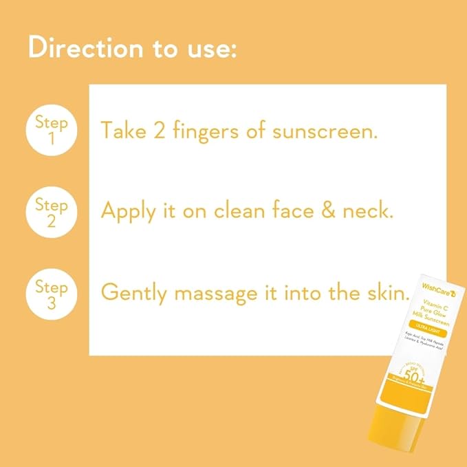 WishCare Vitamin C Sunscreen SPF 50 PA++++ | Pure Glow Milk | Oil Free | No White Cast | 50g
