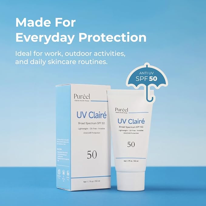 Puréel UV Clairé SPF 50 Sunscreen For Face – Clear & Invisible - No White Cast - Oil Free - Lightweight - Non-Sticky - UVA/UVB Protection For All Skin Types & Tone - 1.7 fl. oz