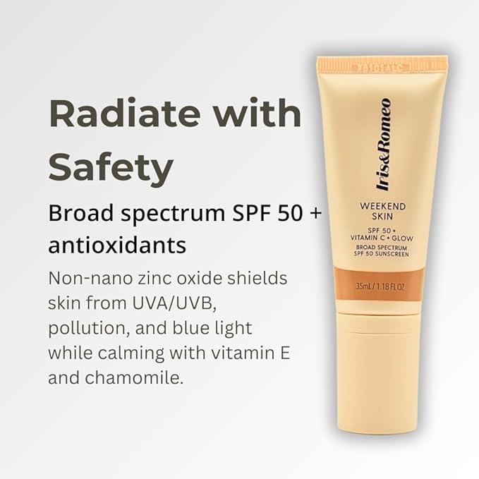 IRIS&ROMEO Weekend Skin SPF 50 – Warm Glow, Mineral Sunscreen with Vitamin C & Niacinamide for Dewy Golden Finish, 1.18 fl oz