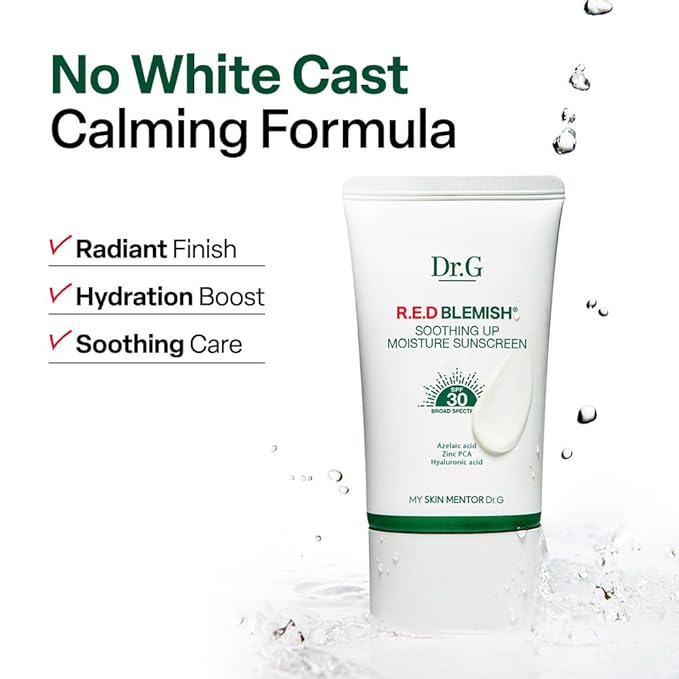 Dr. G R.E.D. Blemish Soothing Up Moisture Sunscreen - Korean Sunscreen with No White Cast - Broad Spectrum SPF for Sensitive Skin - Non-Greasy - With Hyaluronic & Azelaic Acid - 1.69 fl oz