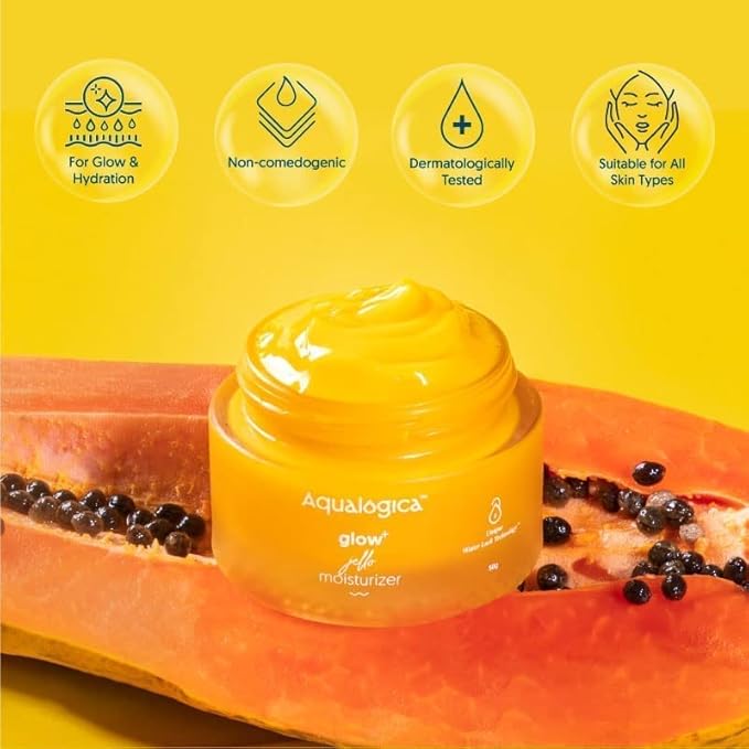 Aqualogica Glow+ Jello Face Moisturiser | Oil-Free Gel-Based Formula | Infused with Vitamin C & Papaya for Illuminating Moisturization | Gives Hydrated & Nourished Skin | 1.76 Oz/50g