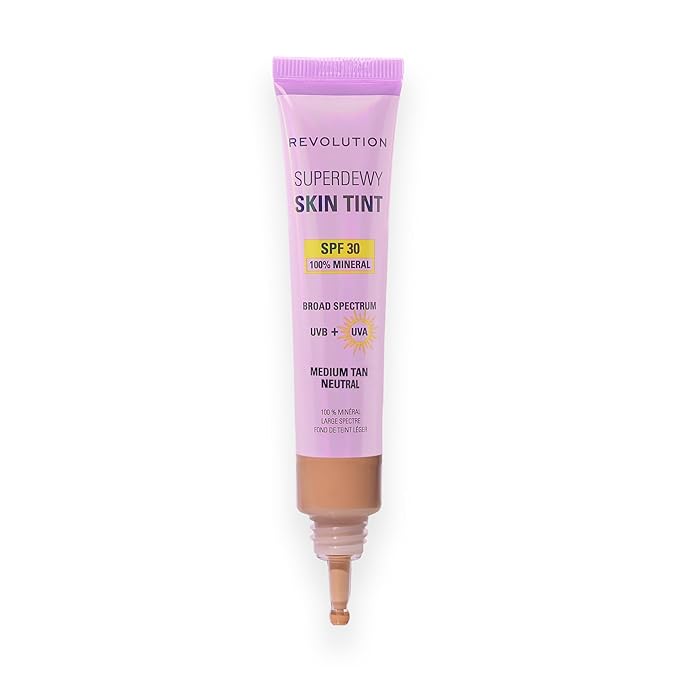 Revolution Superdewy SPF 30 Skin Tint, Tinted Mineral Face Foundation, Buildable Coverage for Facial Glow, 12% Zinc Oxide, Vegan & Cruelty-Free, Medium Tan Neutral