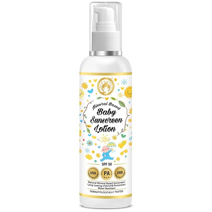 Mom & World Mineral Based Baby Sunscreen Lotion, SPF 50 PA+++, 120ml - UVA/UVB Protection, Water Resistance
